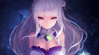 Эмилия из Re:Zero - Жизнь с нуля в другом мире, окруженная космическим фоном, демонстрирующая свою очаровательную красоту и отличительные черты.