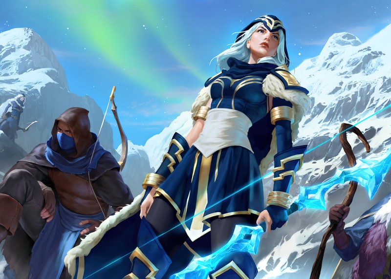 Группа людей в доспехах стоит перед горой (ashe, league of legends, игры, обои 4k)