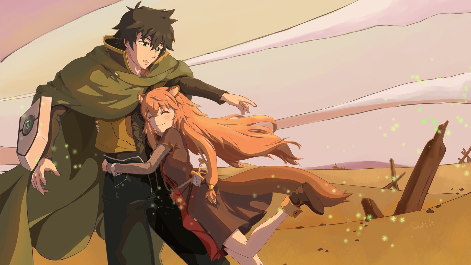 Una pareja de personajes de anime caminando por un área desértica (naofumi, raphtalia, the rising of the shield hero, tate no yuusha no nariagari, anime)