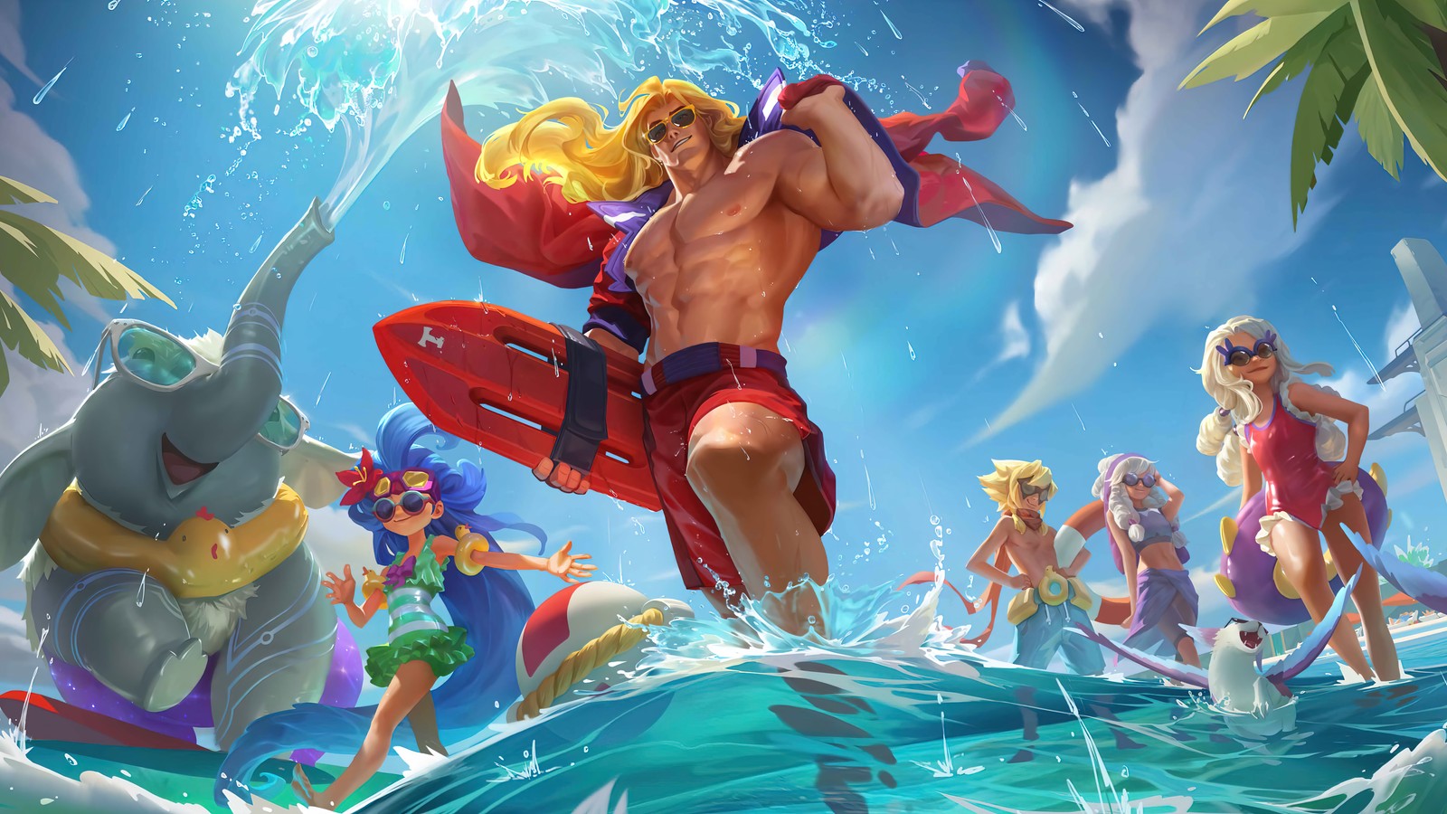 Une image de dessin animé d'un homme en chemise rouge et d'une femme en bikini bleu (fête au bord de la piscine, taric, legends of runeterra, jeu vidéo, league of legends)