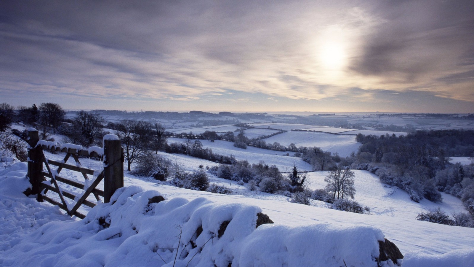 Blick auf eine schneebedeckte landschaft mit einem tor und einem zaun (winter, schnee, gefrieren, wolke, morgen)