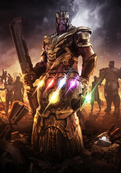 Thanos empuña el Guantelete del Infinito entre ruinas en Avengers: Endgame fondo de pantalla 4K