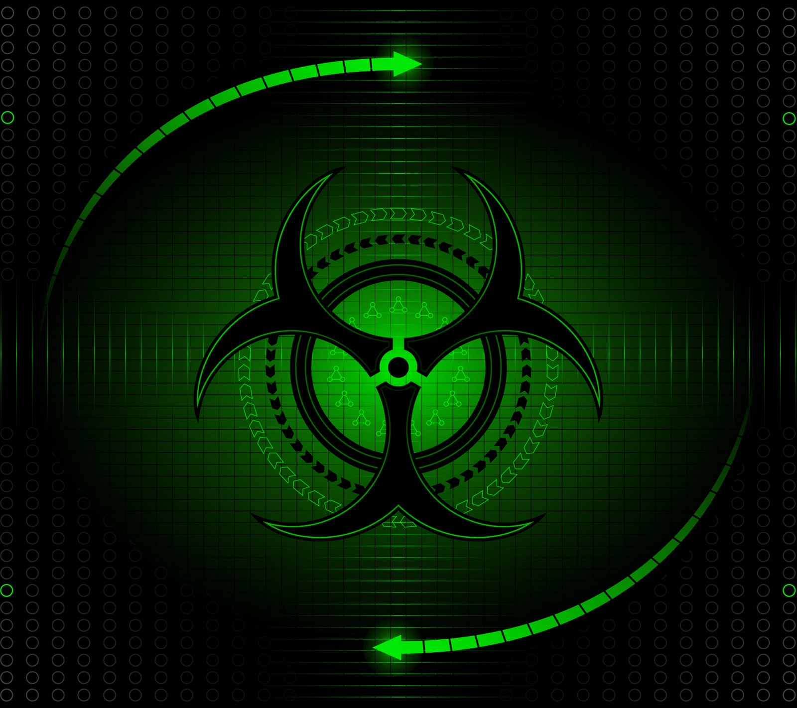 A green biohazard logo on a black background with a green arrow (biohazard, design, green, logo, radioactive)