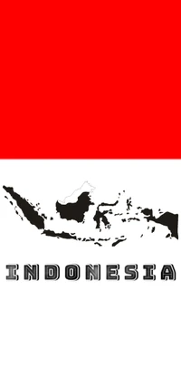 Outline of Indonesia with bold lettering and a red and white background.