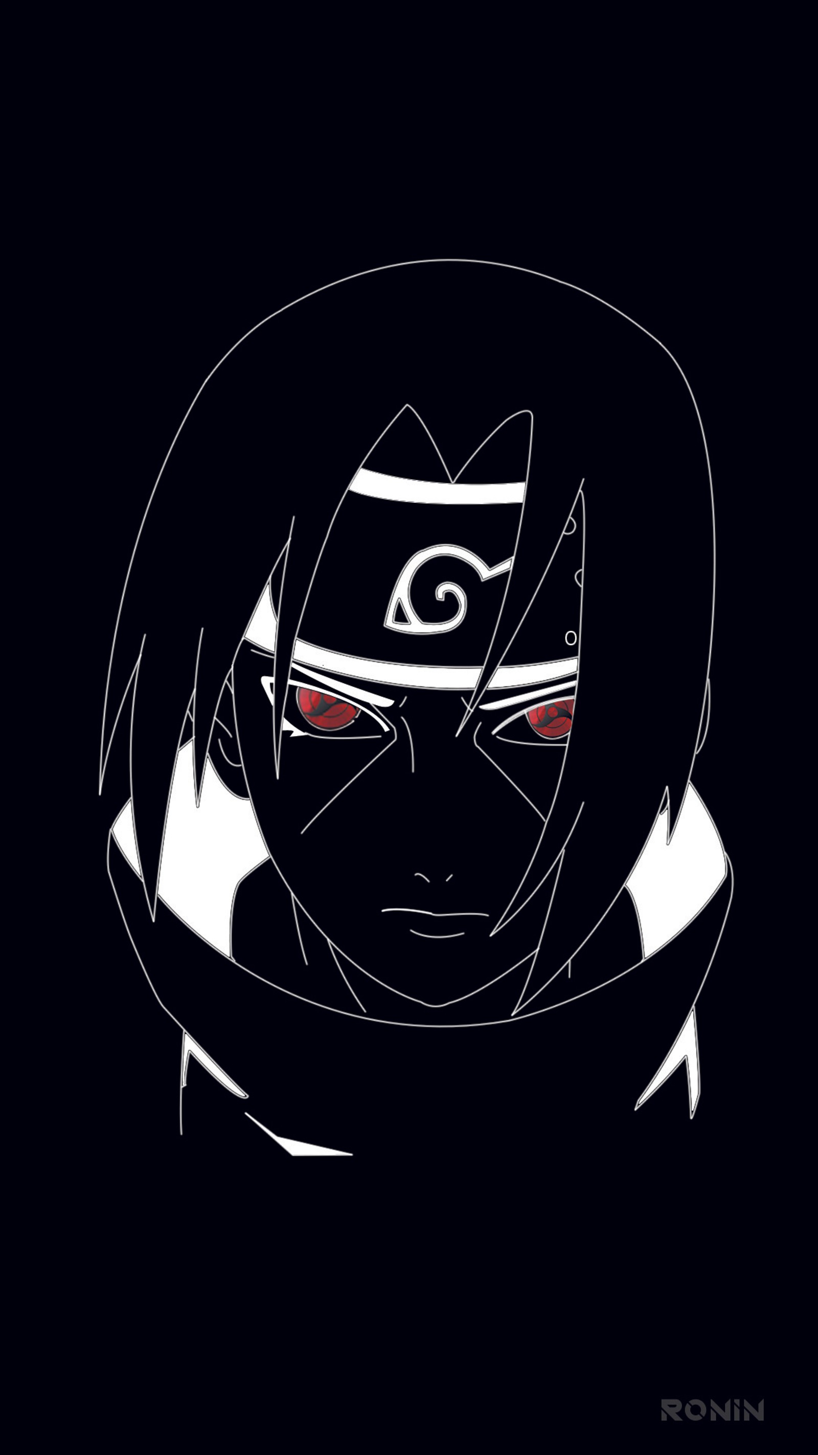 A close up of a person with a black background and a white and black background (anime, itachi, minimalism, naruto, sharingan)