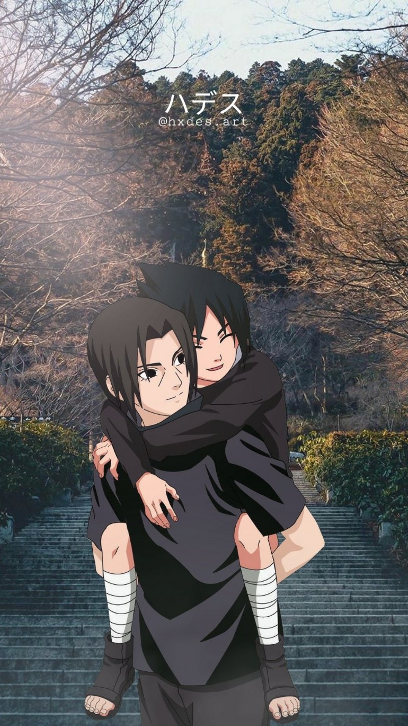 Пара людей обнимаются перед зданием (itachi, саске, sasuke)