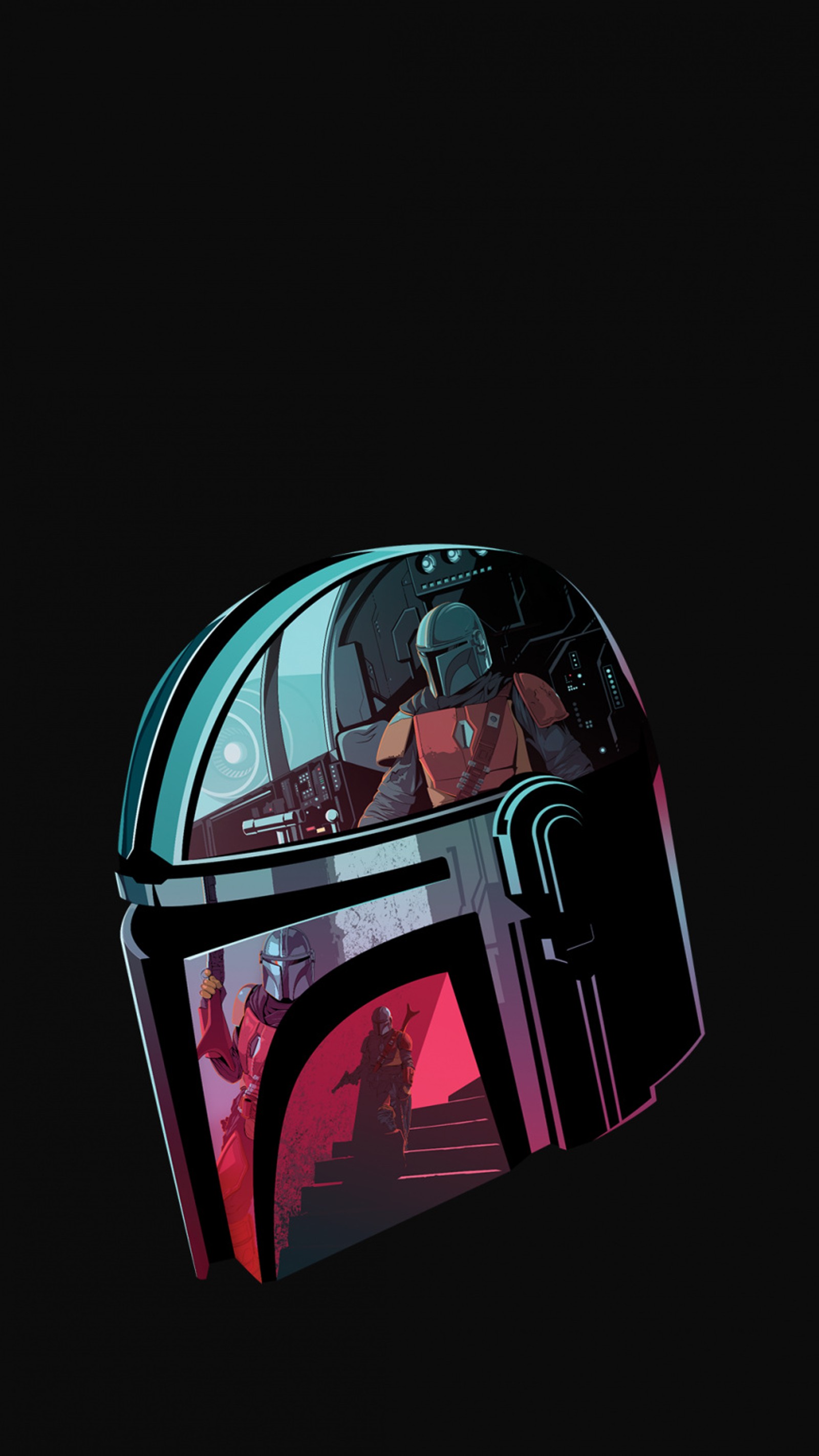 Un primer plano de un casco con un hombre al fondo (negro, mandaloriano, estrella, star wars, starwars)