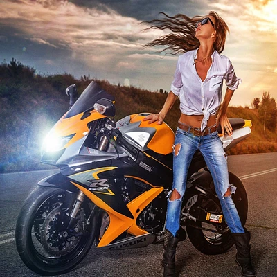 Confident Girl on a Suzuki Motorcycle at Sunset