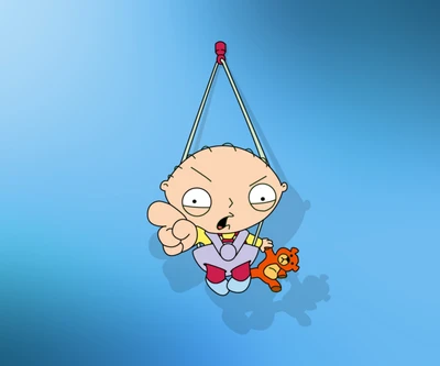 Stewie Griffin pointant avec un ours en peluche.