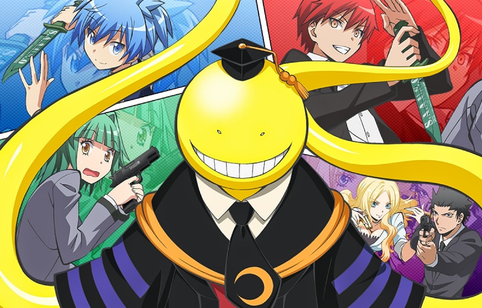 Un primer plano de un personaje de dibujos animados con un montón de personas (ansatsu kyoushitsu, clase de asesinato, assassination classroom, karma, koro sensei)