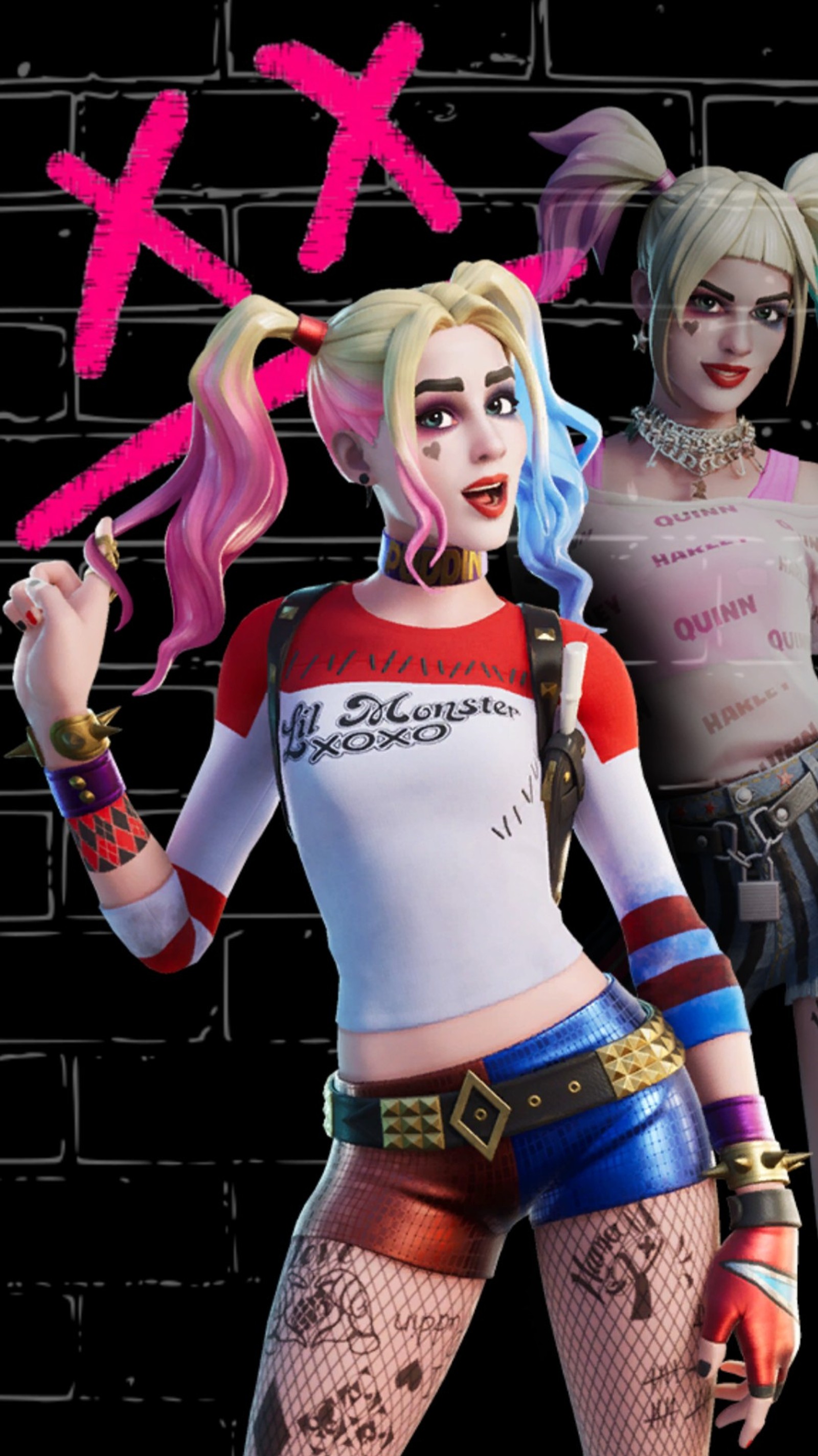 Um close de uma pessoa com uma arma e uma mulher com cabelo rosa (fortnite, harley, harley quinn, playstation, ps4)