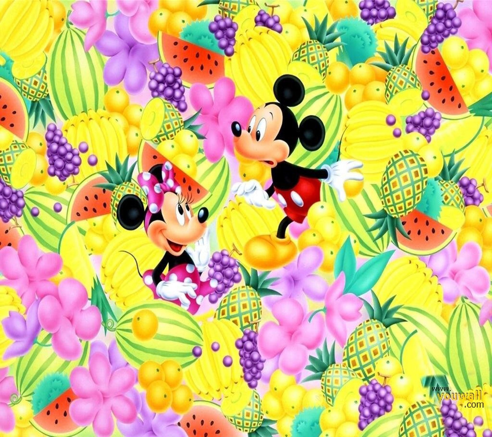 Mickey und minnie maus in einem muster aus tropischen früchten (micky und, minnie maus, minnie mouse)