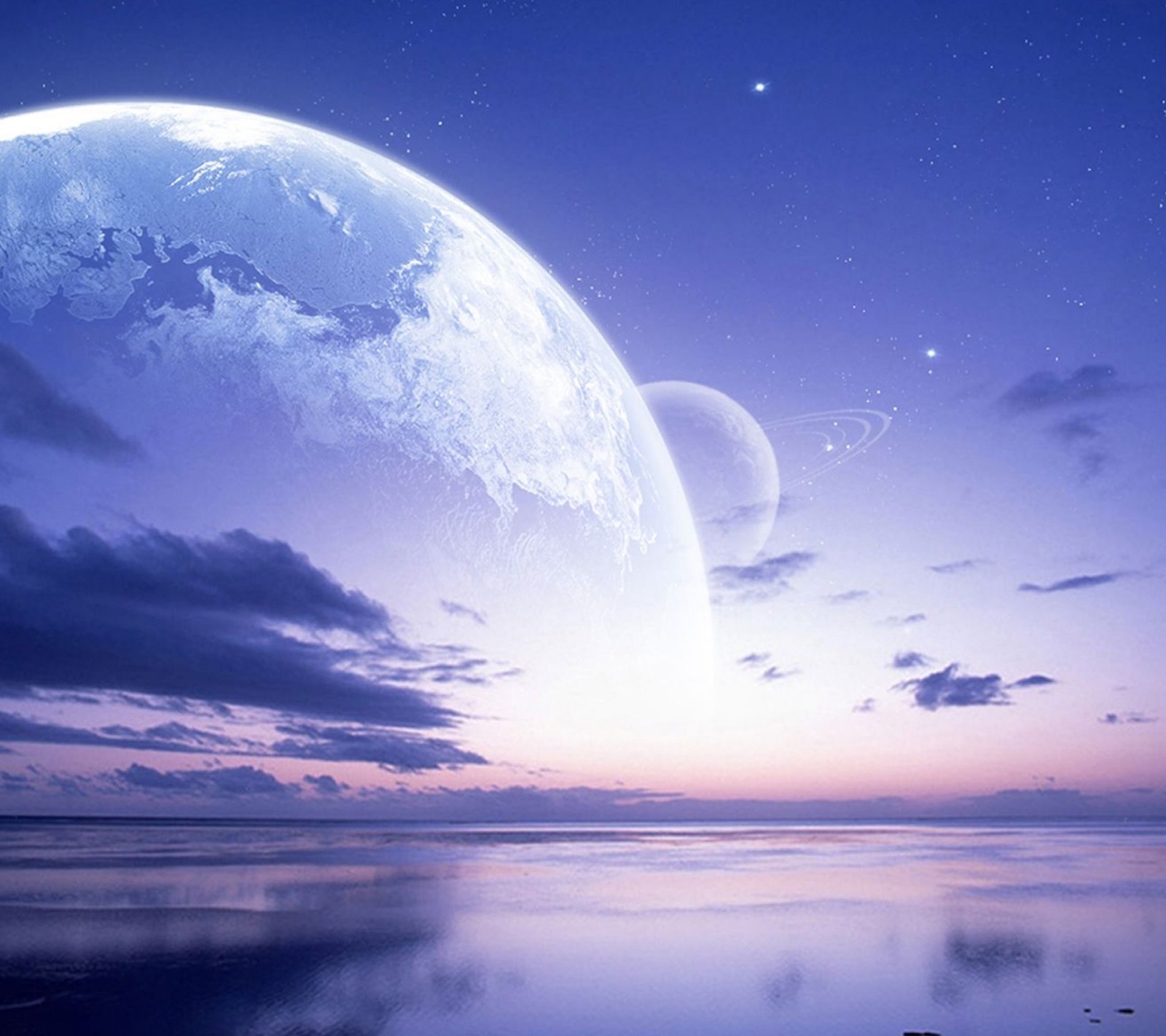 A close up of a planet with a moon in the sky (blue, earth)