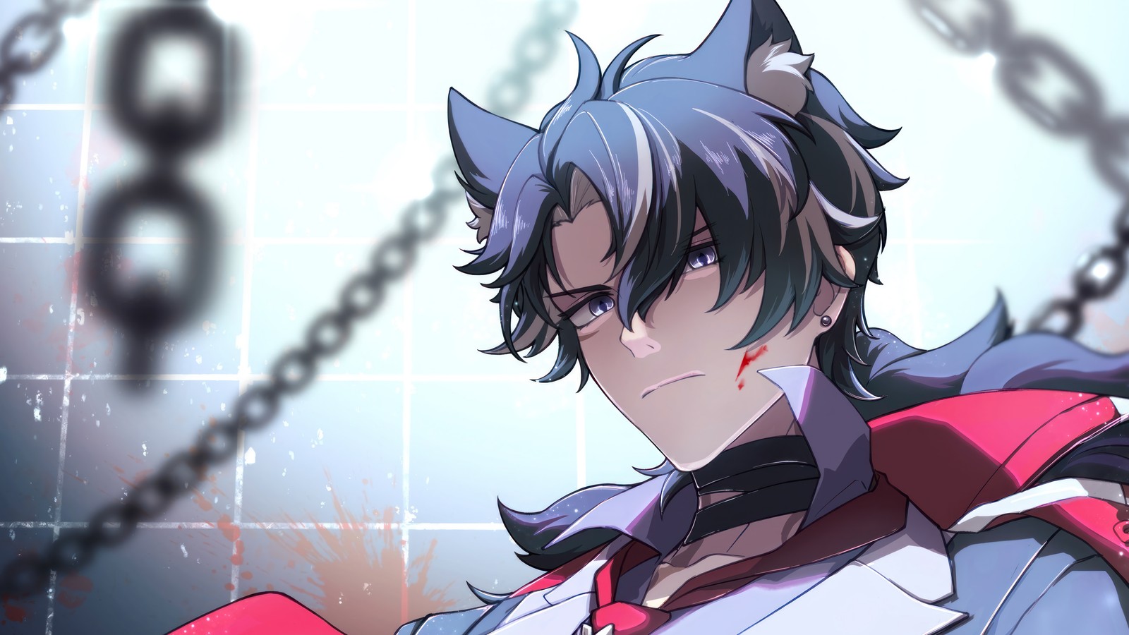 Anime character with a chain around his neck and a cat's head (wriothesley, genshin impact, video game, art)