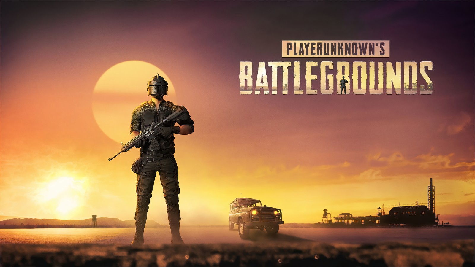 Un homme en uniforme militaire se tient devant un coucher de soleil (playerunknowns battlegrounds, jeu vidéo)