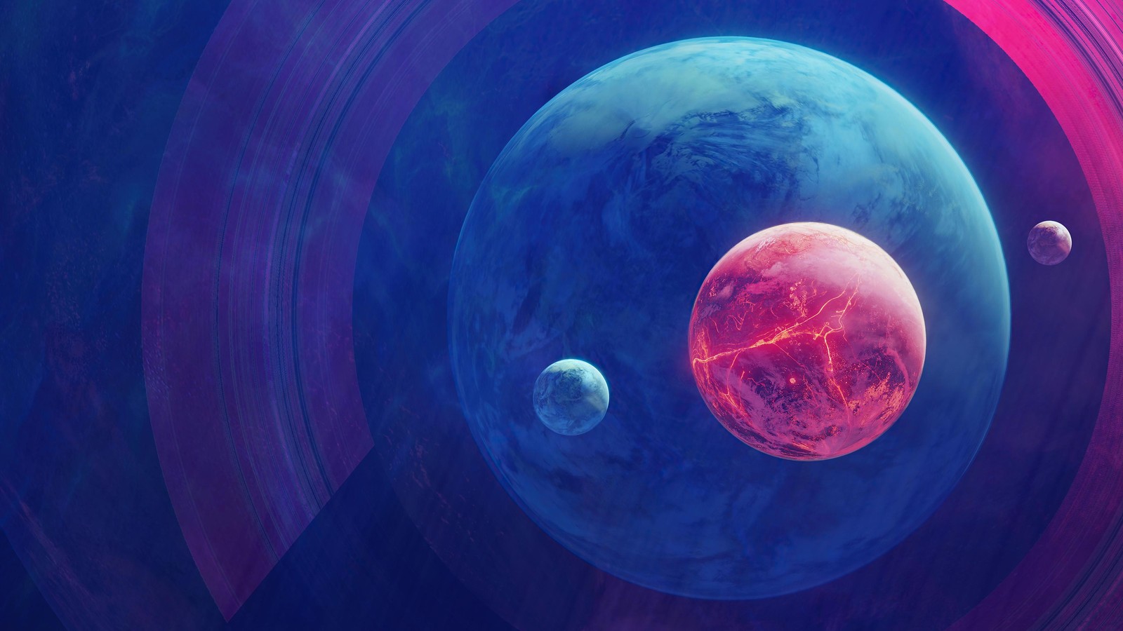 A close up of a red and blue planet with a red moon (space, planet, moon, natural satellite, colorfulness)