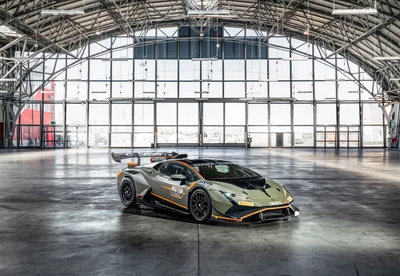 Lamborghini Huracán Super Trofeo Evo2 в просторном, современном здании с большими окнами.