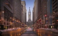 Snow-Covered City Hall at Dusk in a Metropolis