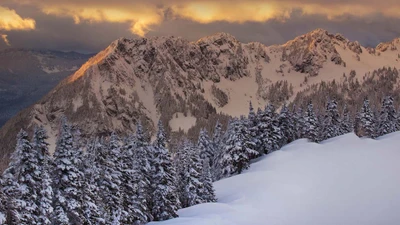 Majestuosas montañas cubiertas de nieve bajo un cielo dramático