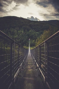 Hängebrücke umgeben von üppigem Wald unter einem dramatischen Himmel