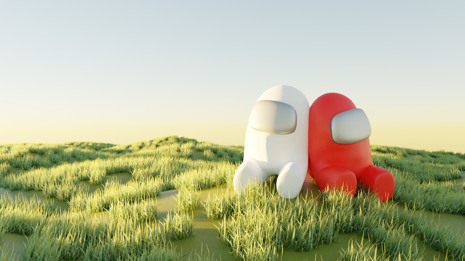 A close up of two red and white balloons in a field (among us, video game)