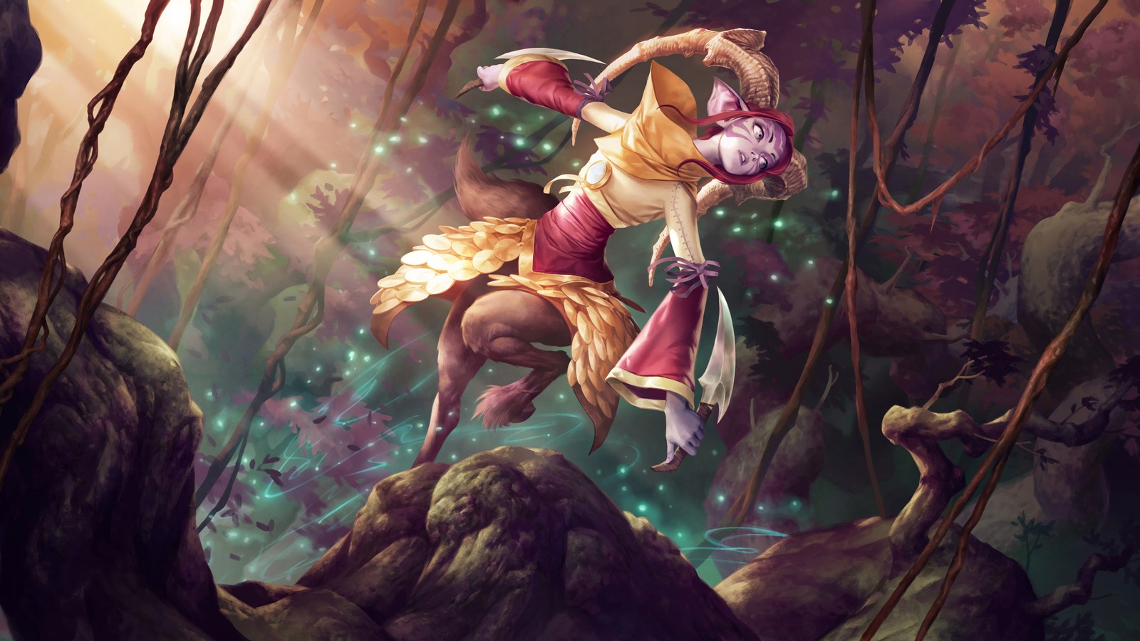 Une femme en robe rose volant dans les airs (legends of runeterra, jeu vidéo, greenglade caretaker)