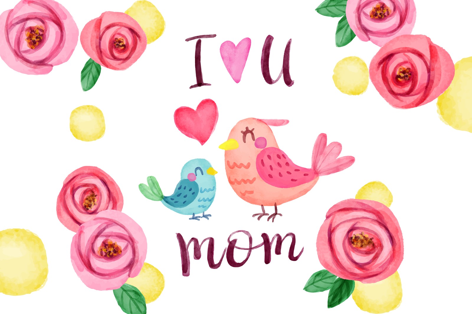 Eine aquarellillustration eines vogels und von blumen mit den worten 'ich liebe dich mama' (ich liebe dich mama, alles gute zum muttertag, illustration, feiern, 4k hintergrund)