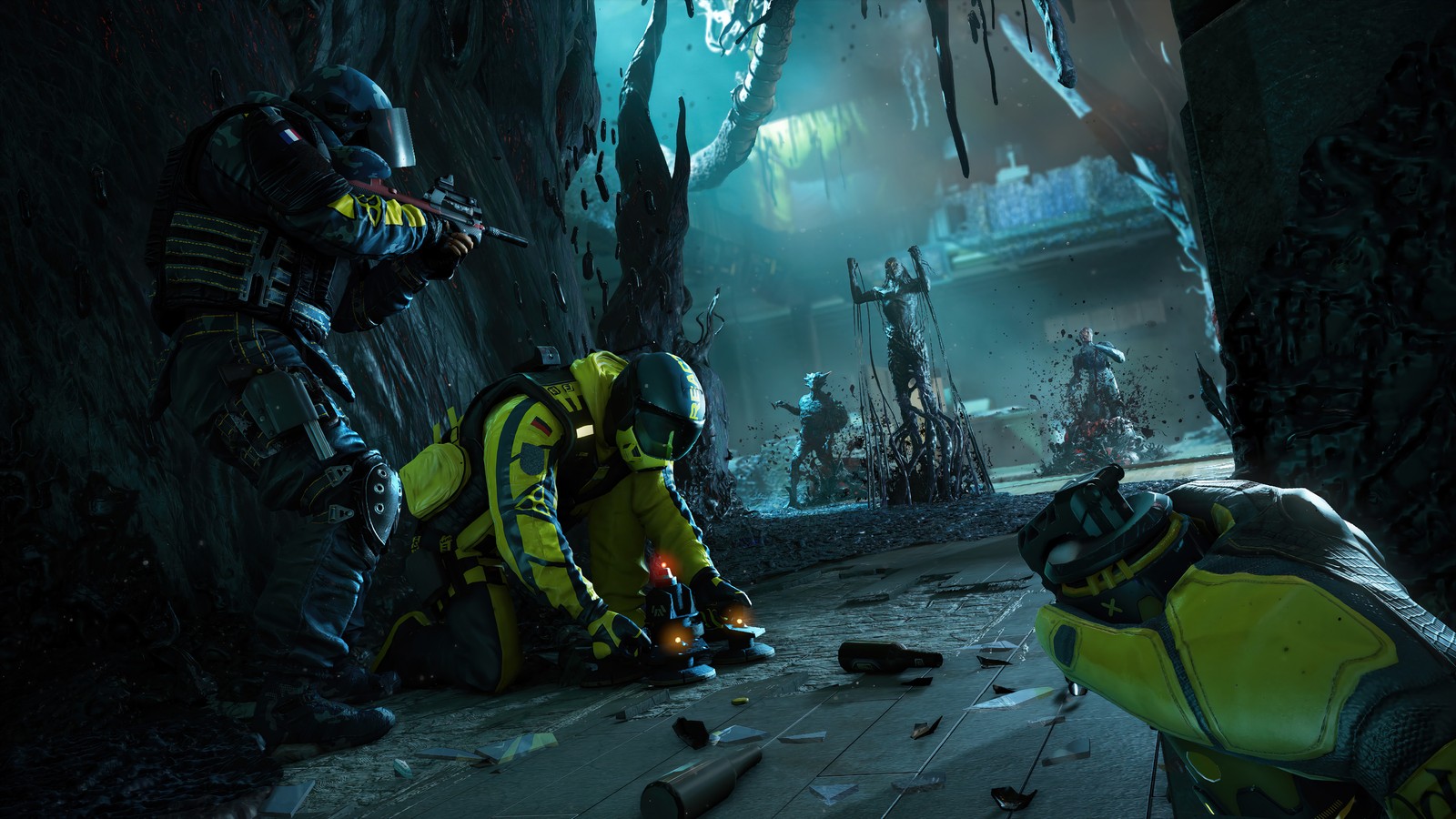 A close up of two people in yellow suits in a cave (tom clancys, rainbow six extraction, rainbow 6 extraction, r6, video game)