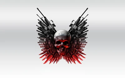 Emblema de calavera lleno de acción con armas aladas - Póster de Los Indestructibles