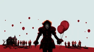 Pennywise o palhaço cercado por balões vermelhos na arte "It Capítulo Dois