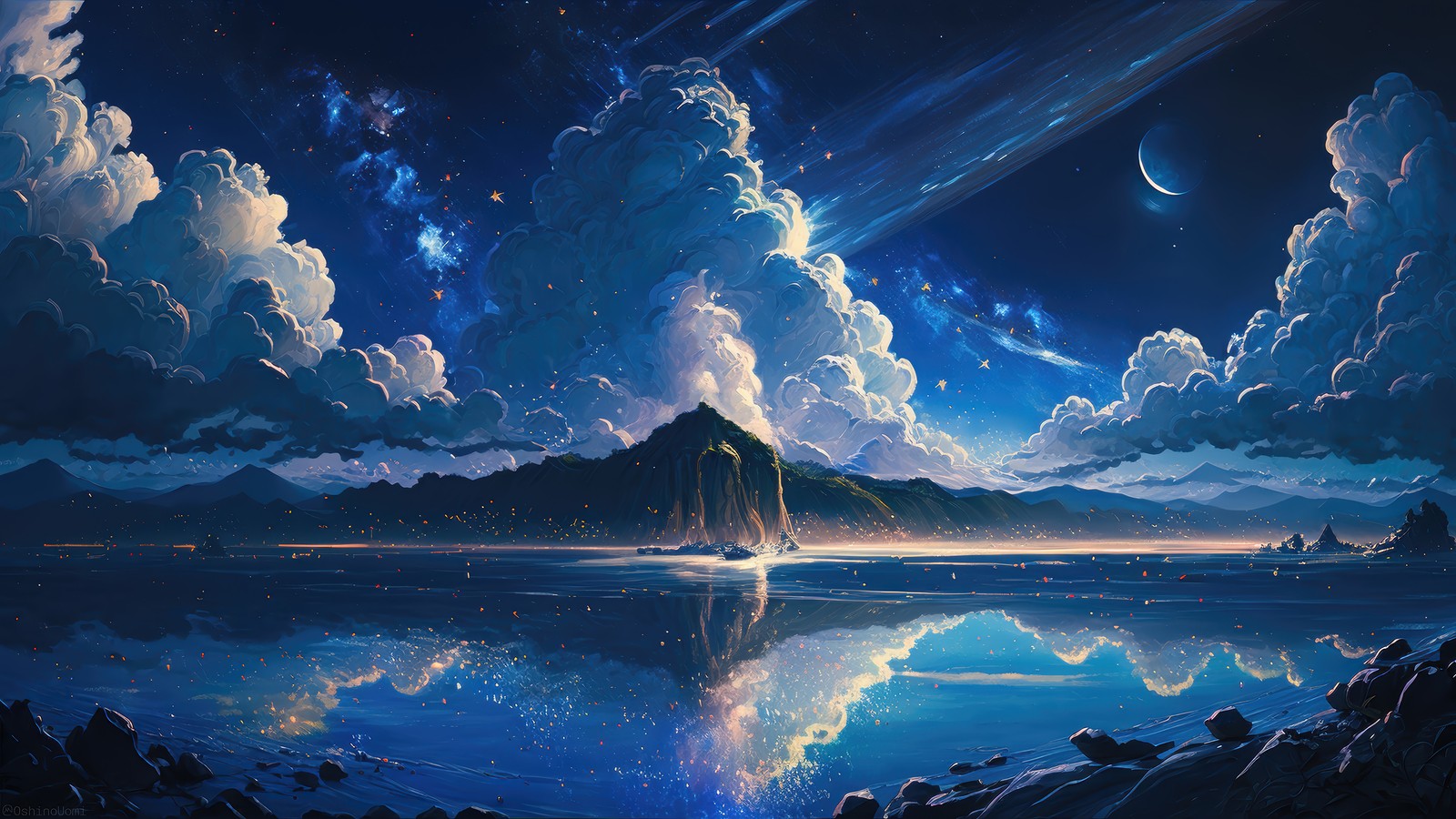 Uma pintura de uma montanha e um lago com nuvens e estrelas (noite, nuvem, cenário, arte)