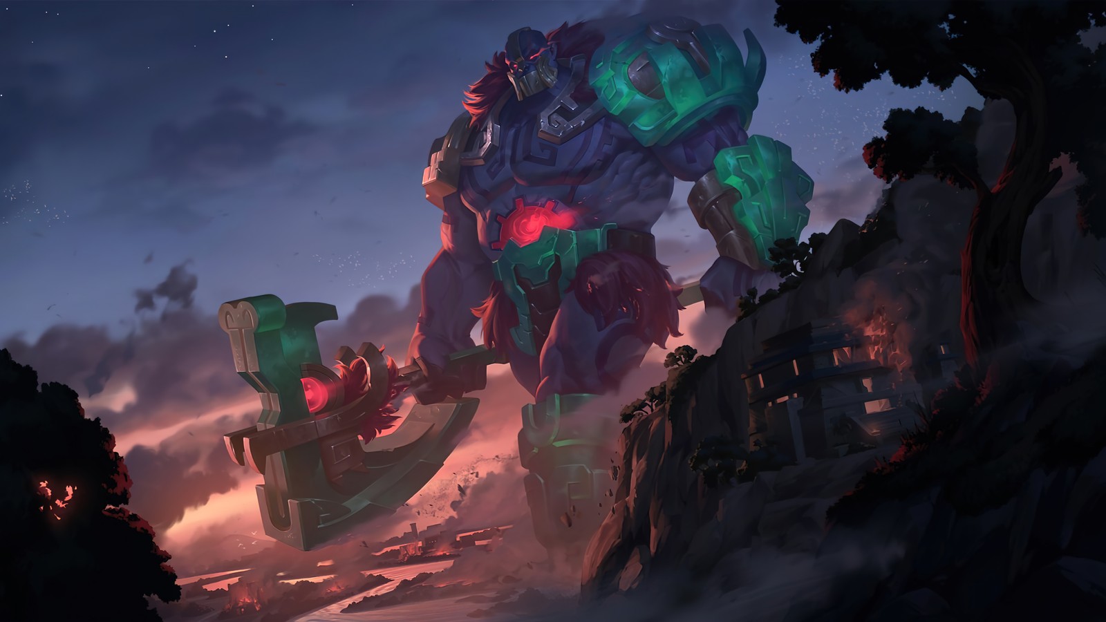 A close up of a giant robot standing on a hill (worldbreaker, sion, lor, legends of runeterra, video game)