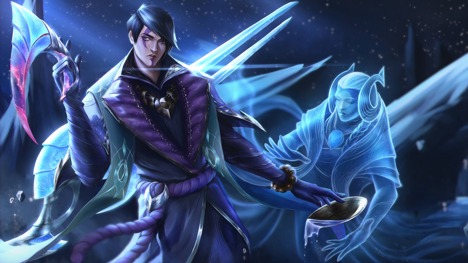 Un homme en tenue violette tenant une épée et un dragon bleu (aphelios, lol, league of legends, jeu vidéo)