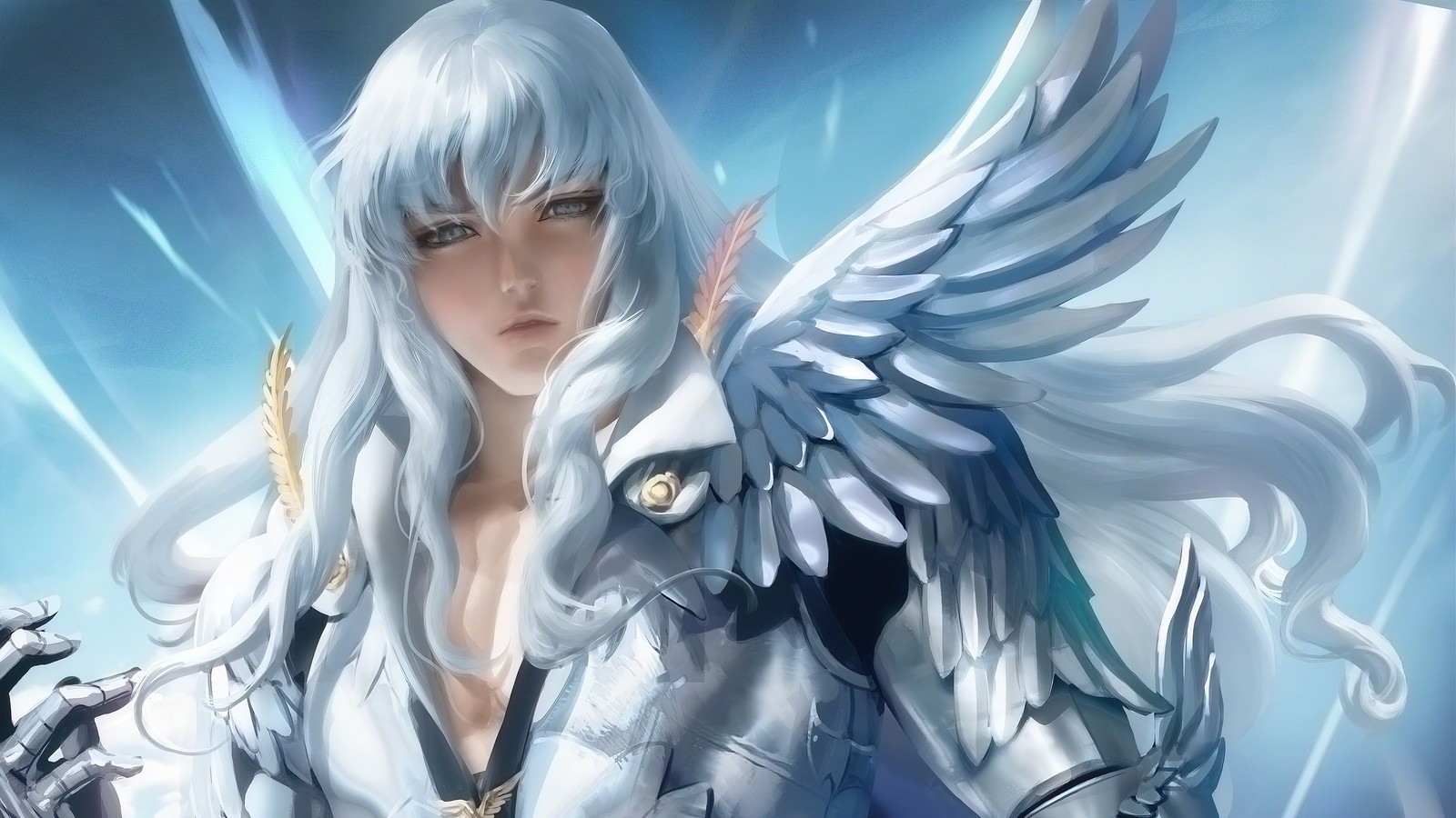 Um close de uma mulher com cabelo branco e asas (griffith, berserk, anime)