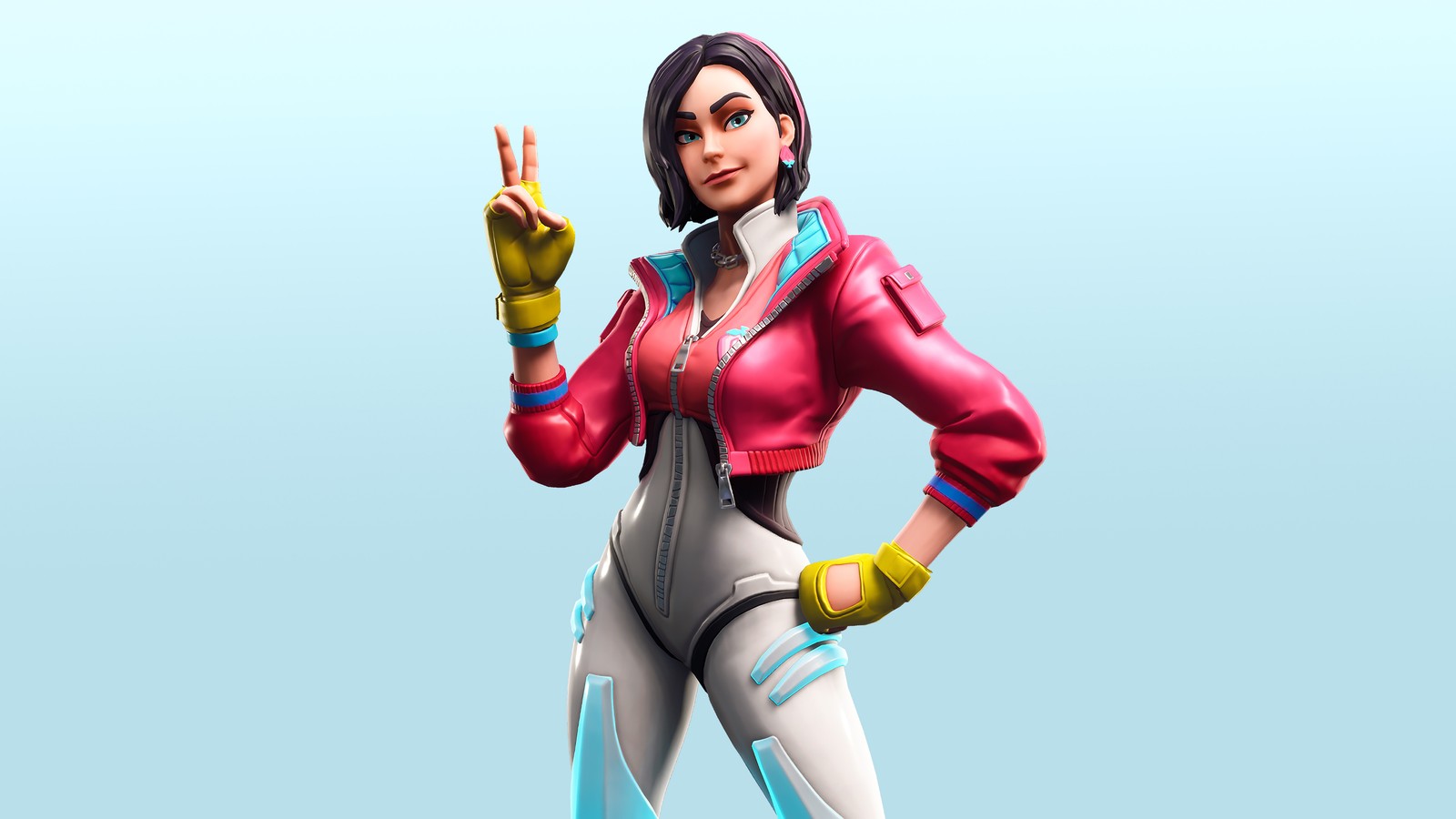 Un gros plan d'une personne en tenue rose tenant un signe de paix (fortnite, fortnite battle royale, jeu vidéo, rox)