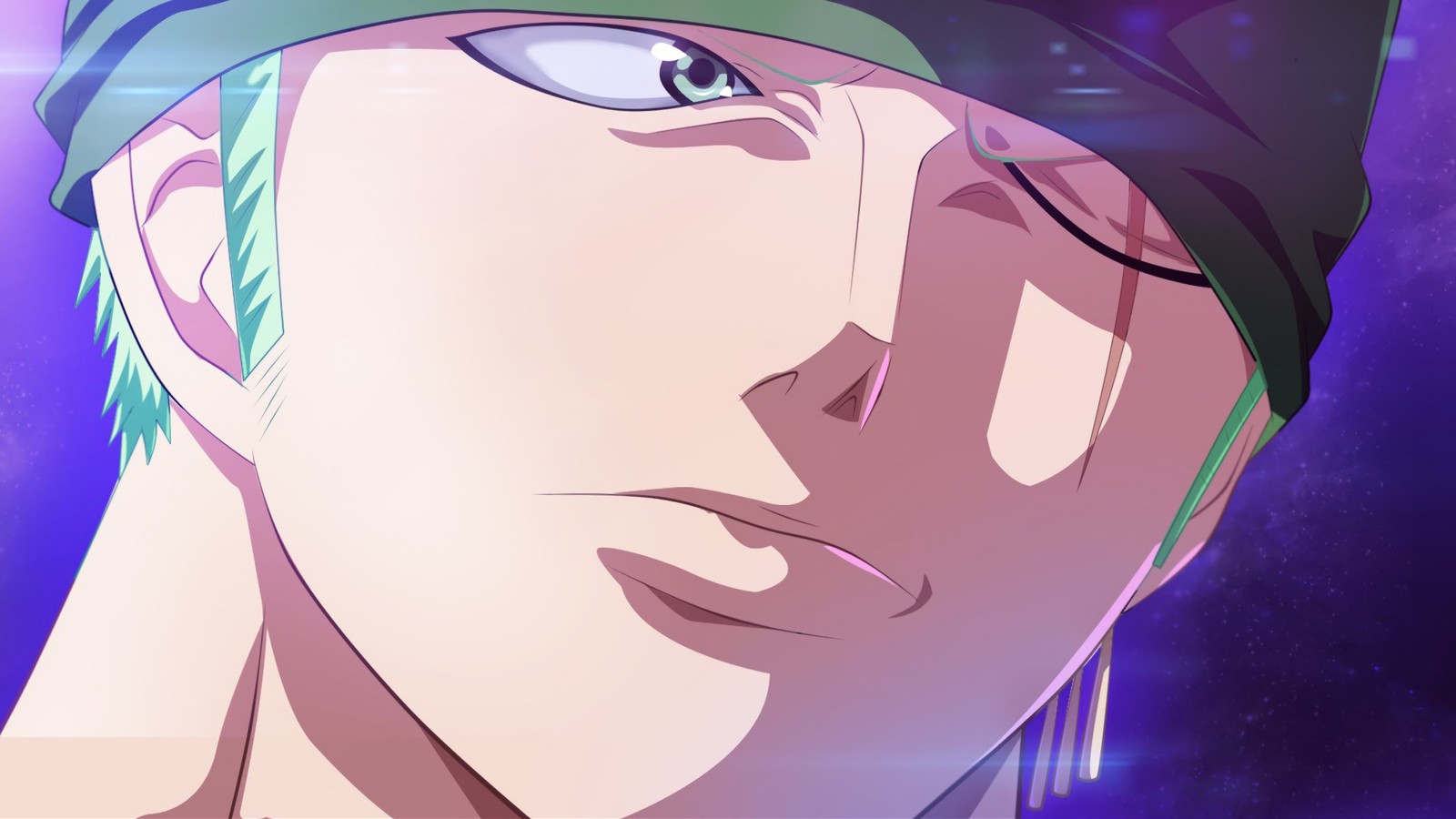 A close up of a person with a hat on and a purple background (roronoa zoro, one piece, anime)