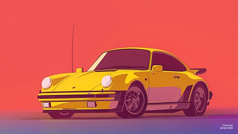 Жёлтая машина на красном фоне и под красным небом (машины, porsche 959, porsche, компактный автомобиль, mercedes benz)