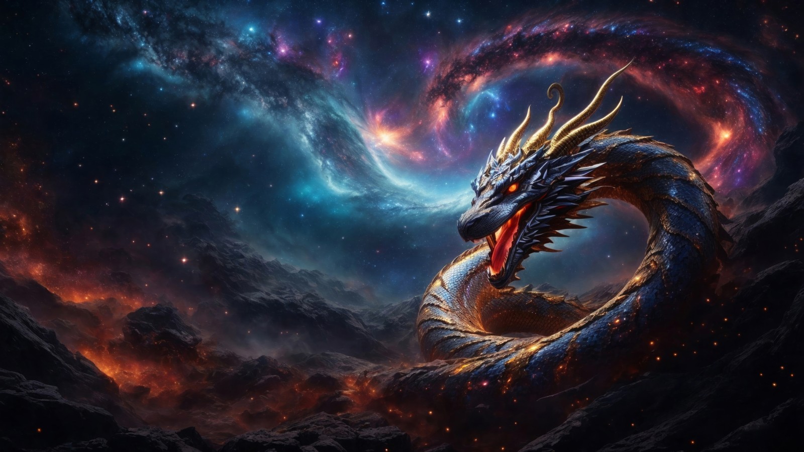 Un dragon au milieu d'une galaxie avec un fond en spirale (dragon, galaxie, étoiles, espace, fantaisie)