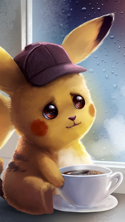 Sad Pikachu Sipping Coffee by the Window