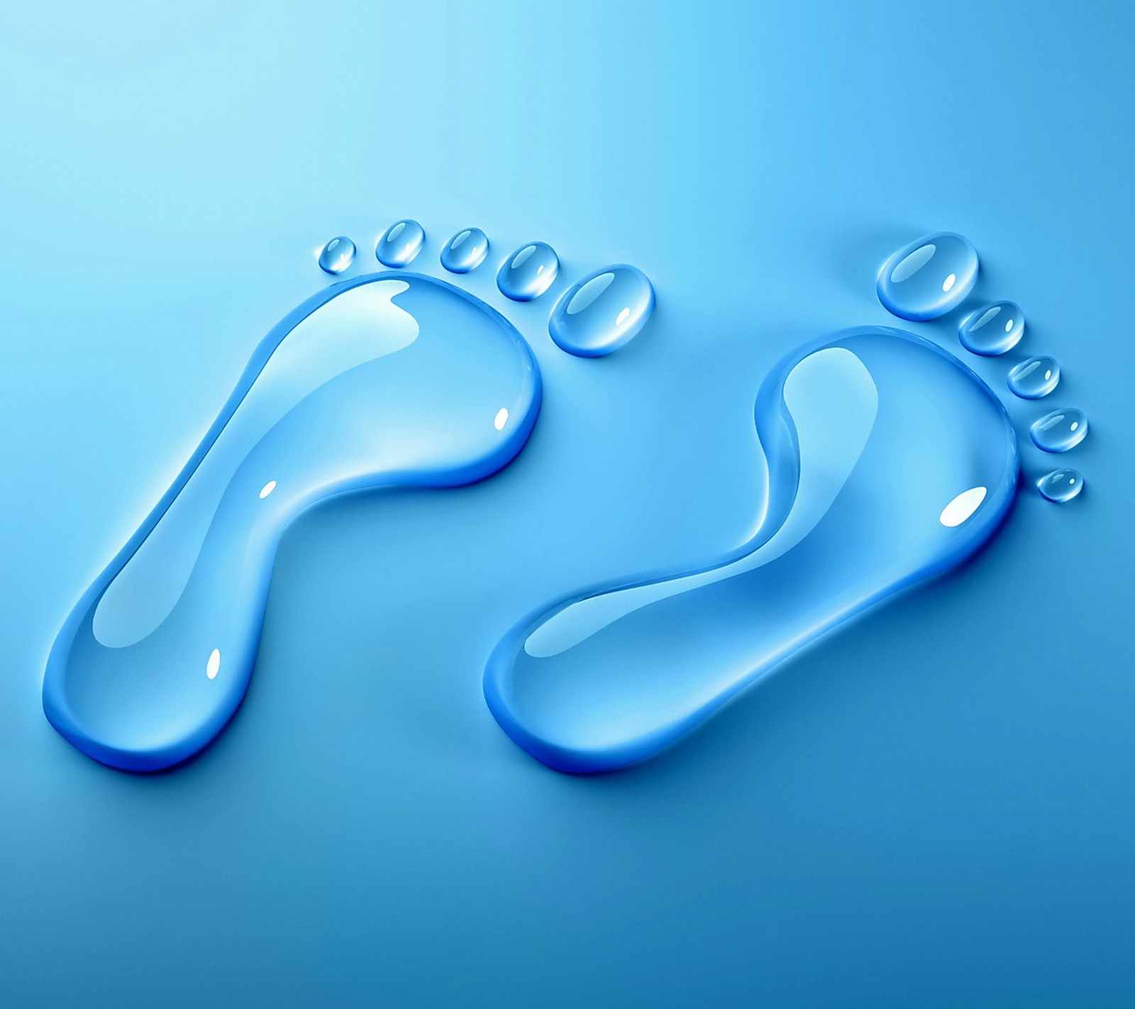 A close up of a pair of water droplets on a blue surface (blue, feet, glass, prints, water)