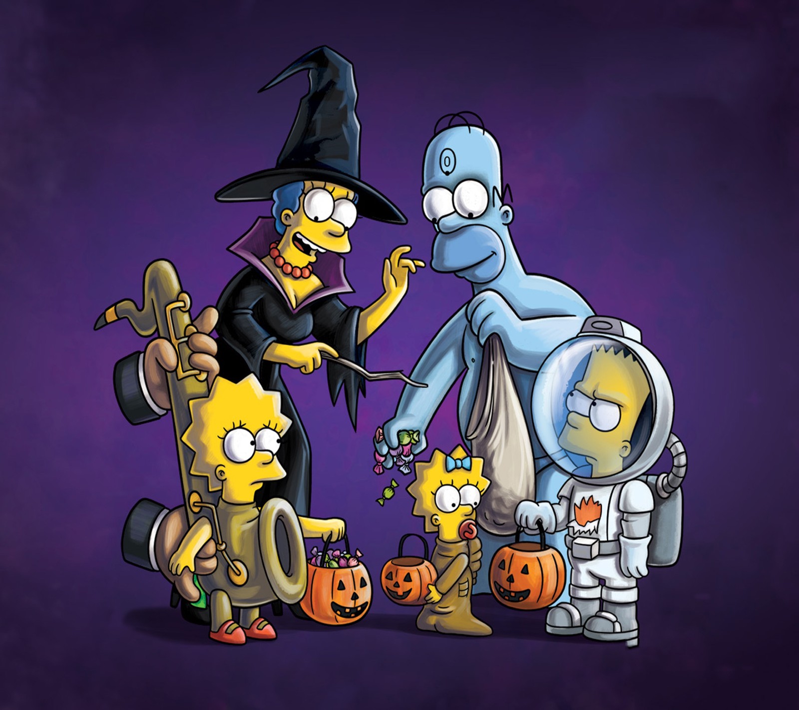 Personnages des simpsons déguisés en sorcières dans une scène d'halloween (halloween, heureux)