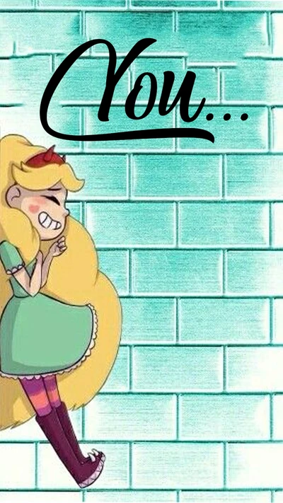 Star Butterfly with a Joyful Expression Against a Brick Wall