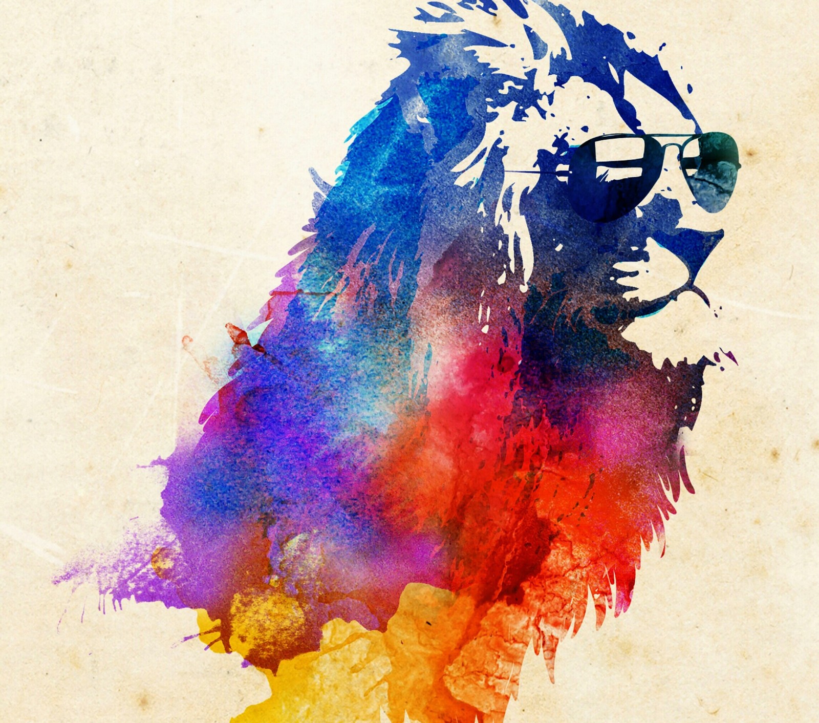 A close up of a lion with sunglasses on a paper background (ban, lion, ray)