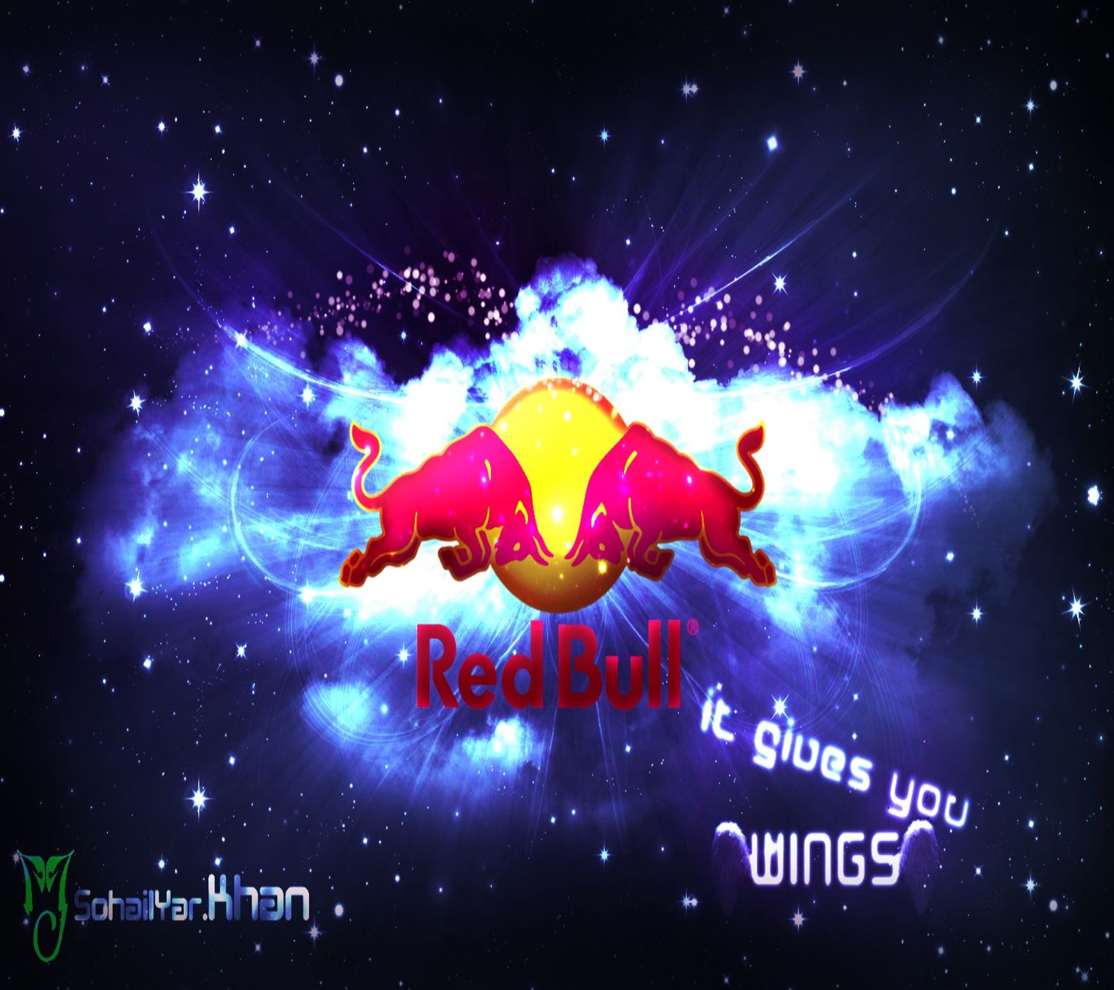 A close up of a red bull logo on a blue background (bull, red)