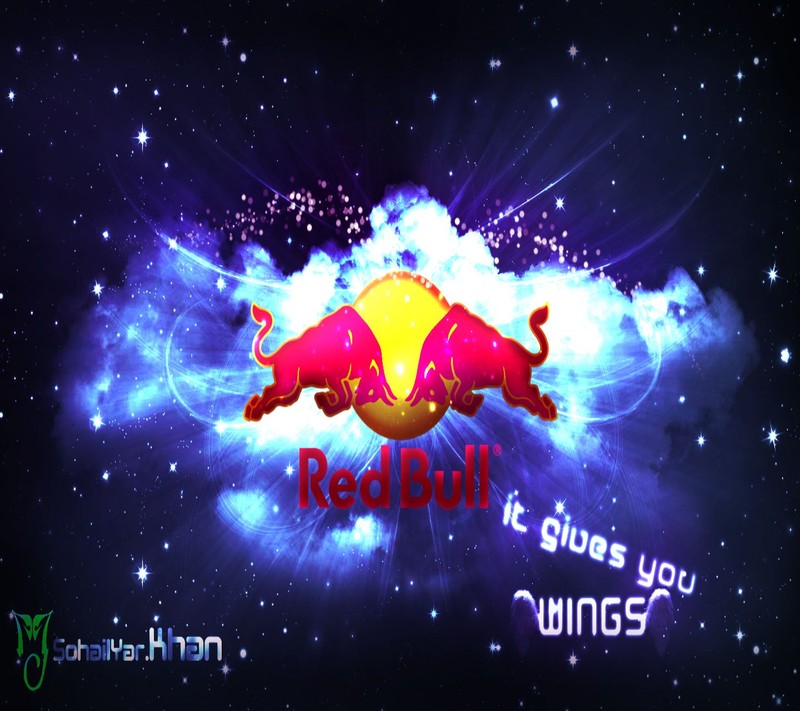 Крупный план логотипа red bull на синем фоне (бык, красный)