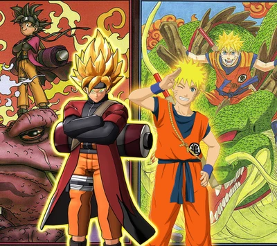 Fusión dinámica de Goku y Naruto en arte épico de anime