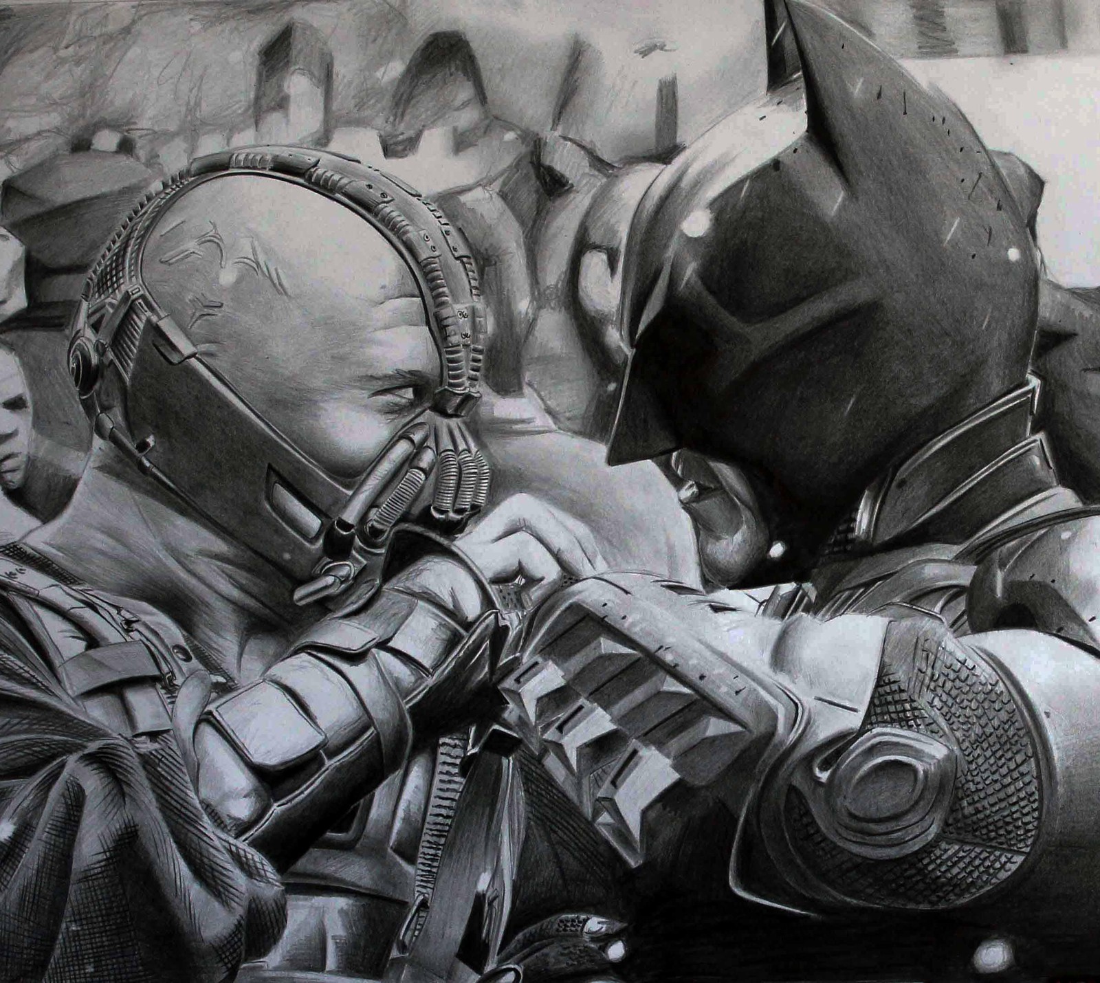 Batman et bane dans une scène de la trilogie the dark knight (art, bane, batman, sombre, chevalier)