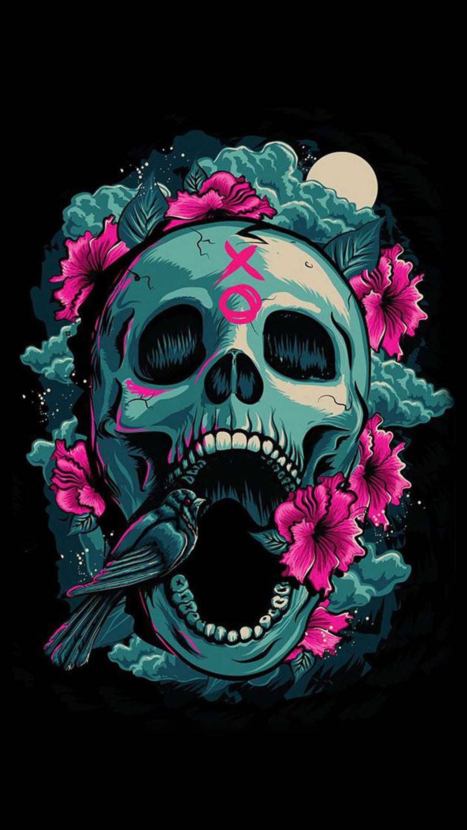 Un primer plano de un cráneo con flores y un pájaro (calavera, azúcar)