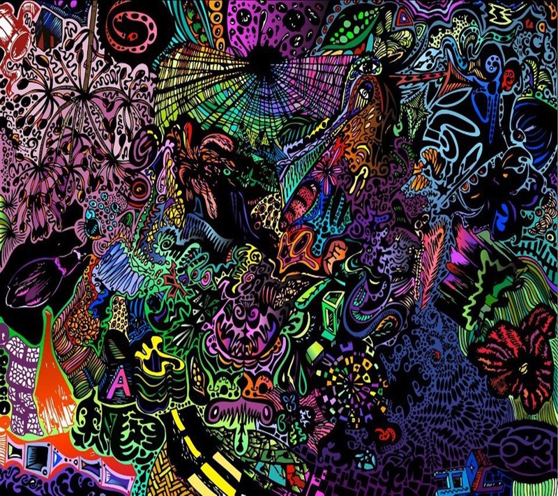 A close up of a colorful drawing of a bunch of people (abastraction, abstract)