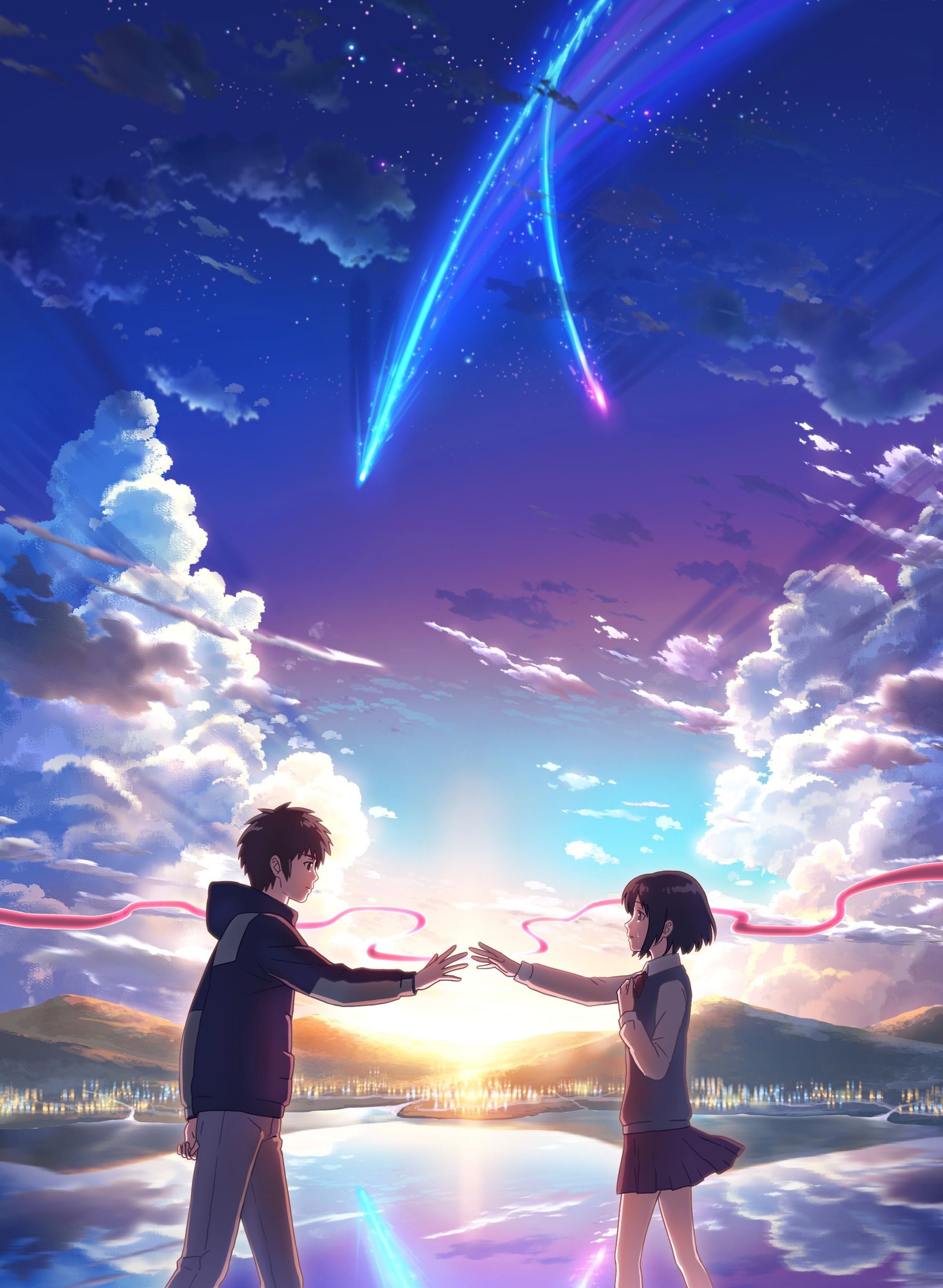 Um casal de anime de mãos dadas olhando para uma estrela cadente (mitsuha, taki, your name)